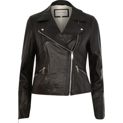 Black leather fitted biker jacket